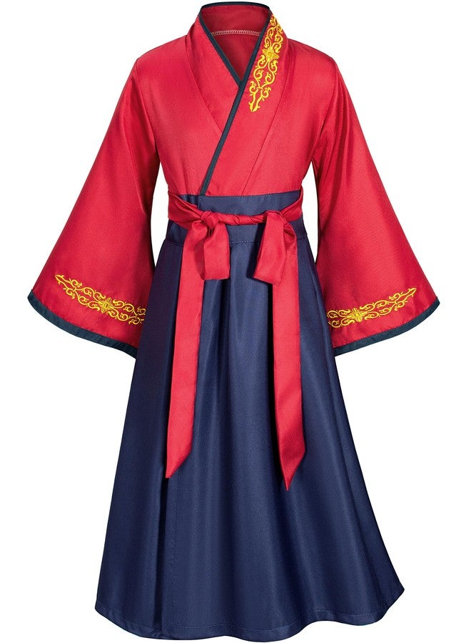 Elibelle Asian Traditional Dress Kimono Robe for Kids Girls Costume Silk Folding Fans hairstick Cosplay（Red Navy 150cm - Image 2